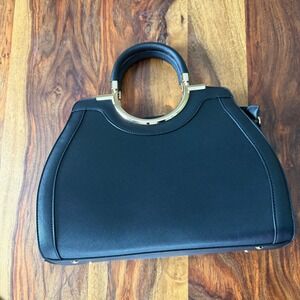 Black Faux Leather Top Handle Satchel Bag Gold Tone Ring Handle Zipper Pocket